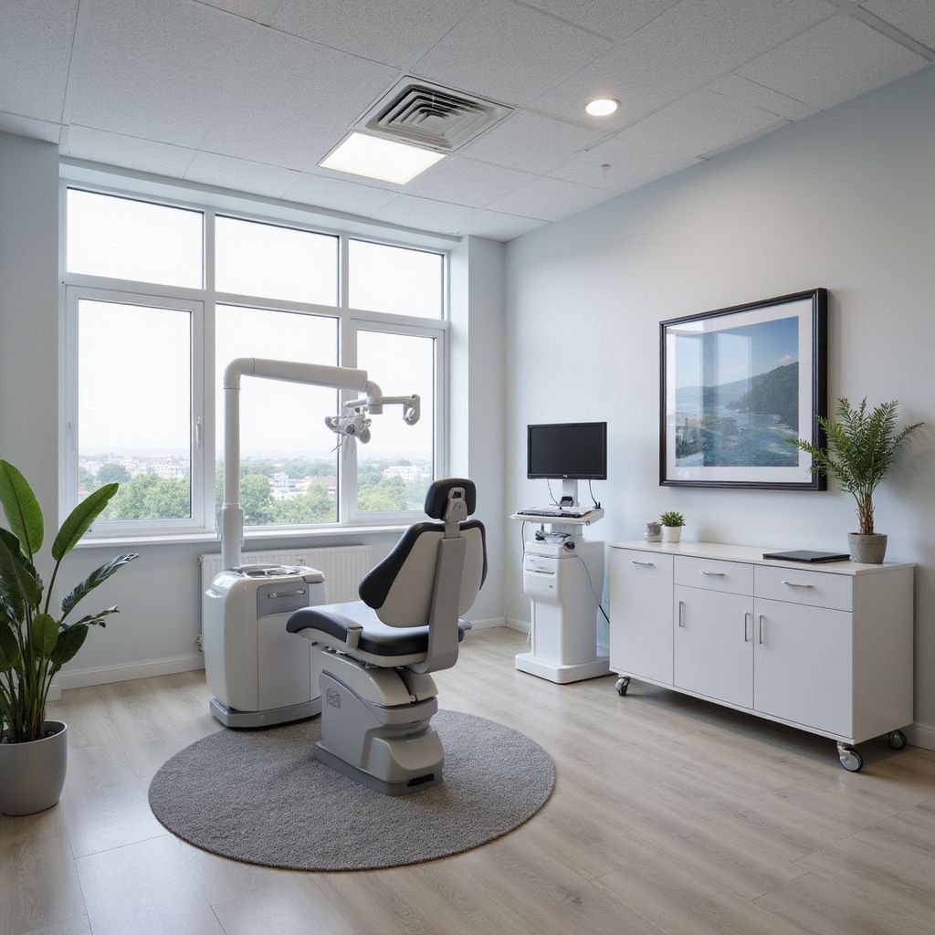 Dental office interior with dental chair, equipment, cabinets, and a window.