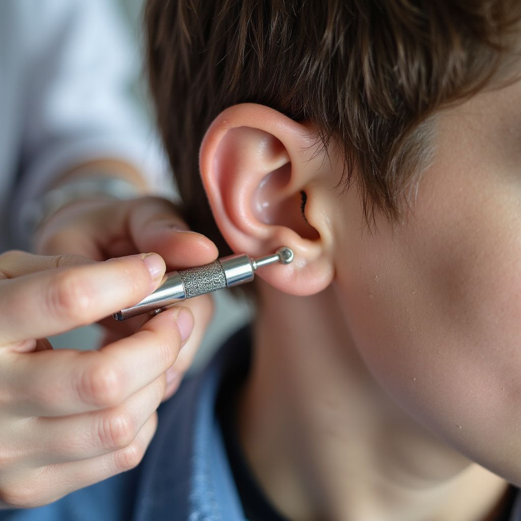 A person examining a child's ear with a small, silver instrument.