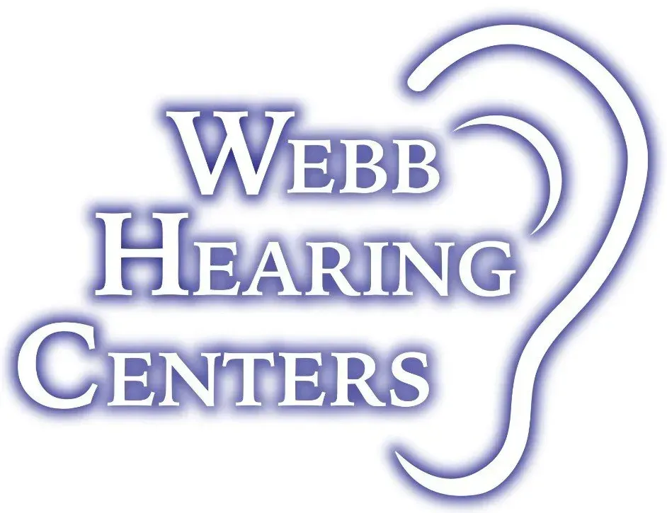 Webb Hearing Centers logo: Text with ear outline, white, purple shadow.