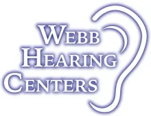 Webb Hearing Centers logo: Text with ear outline, white, purple shadow.
