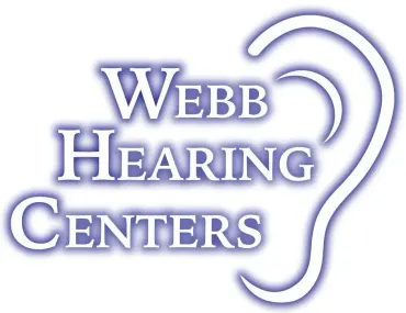 Webb Hearing Centers logo: Text with ear outline, white, purple shadow.