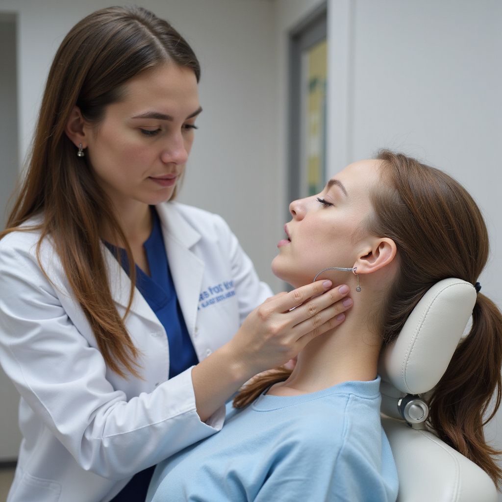 Doctor examining a patient's neck in a medical office; white coat, blue scrubs, and examination chair.