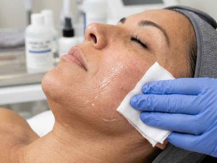 Gloved hand wipes a woman’s face with a cotton pad during a skincare treatment