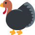 Cartoon turkey with dark body, brown head, orange legs, and fanned tail, facing right.