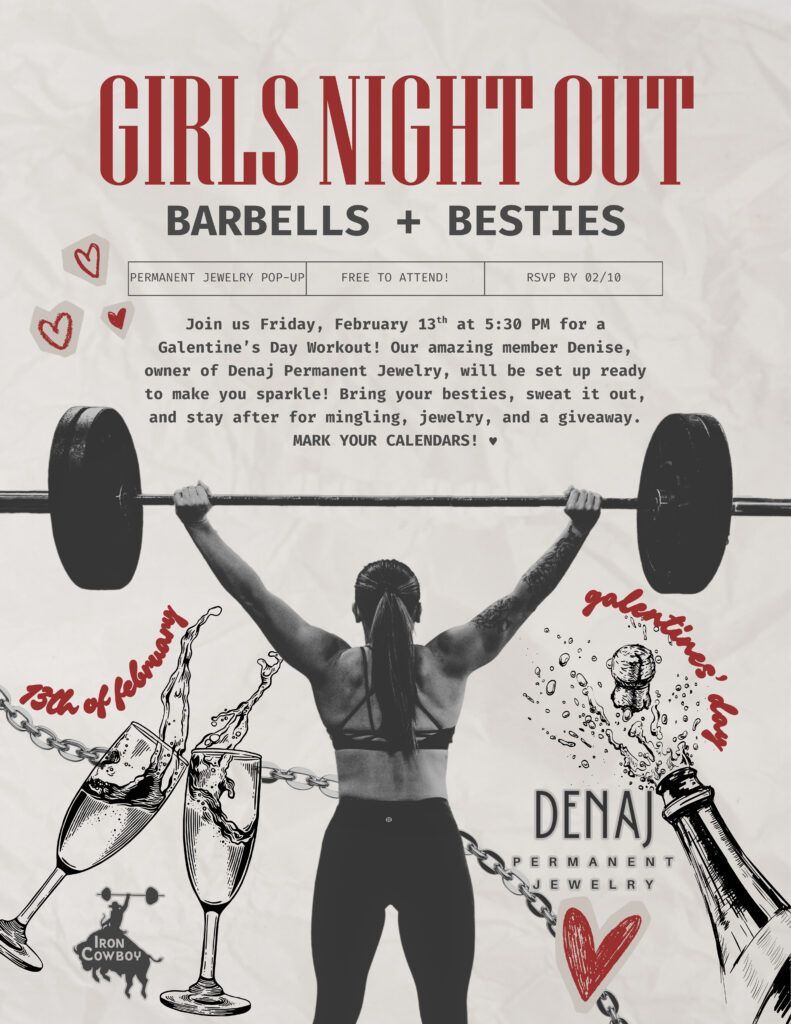 Poster for “Girls Night Out: Barbells + Besties,” with a woman lifting a barbell overhead and fitness doodles.