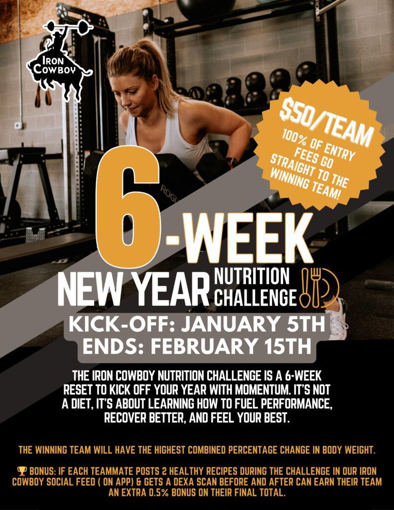 Gym poster for a 6-week New Year nutrition challenge, with a woman lifting weights and bold orange text on black background