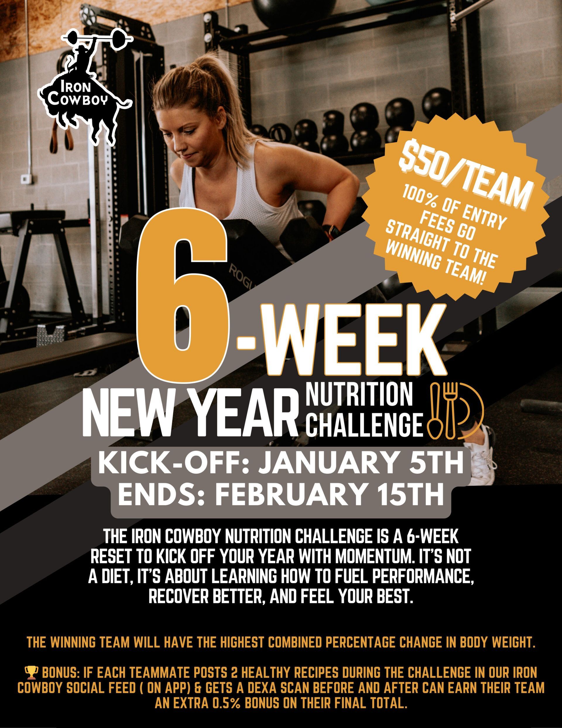 6-week New Year nutrition challenge poster with a woman exercising in a gym and bold yellow text on black background