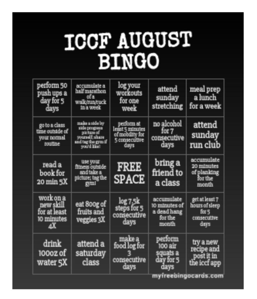 Black-and-white flyer titled “ICCF August Bingo” with a grid of church/community event prompts.
