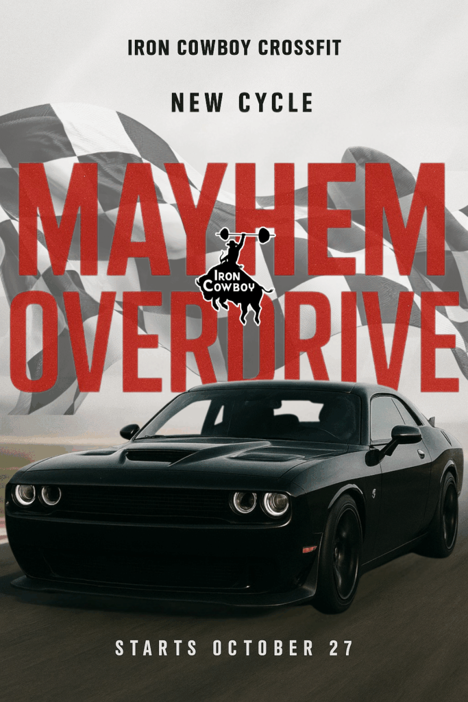 Black sports car beneath red “Mayhem Overdrive” event poster text on a light background