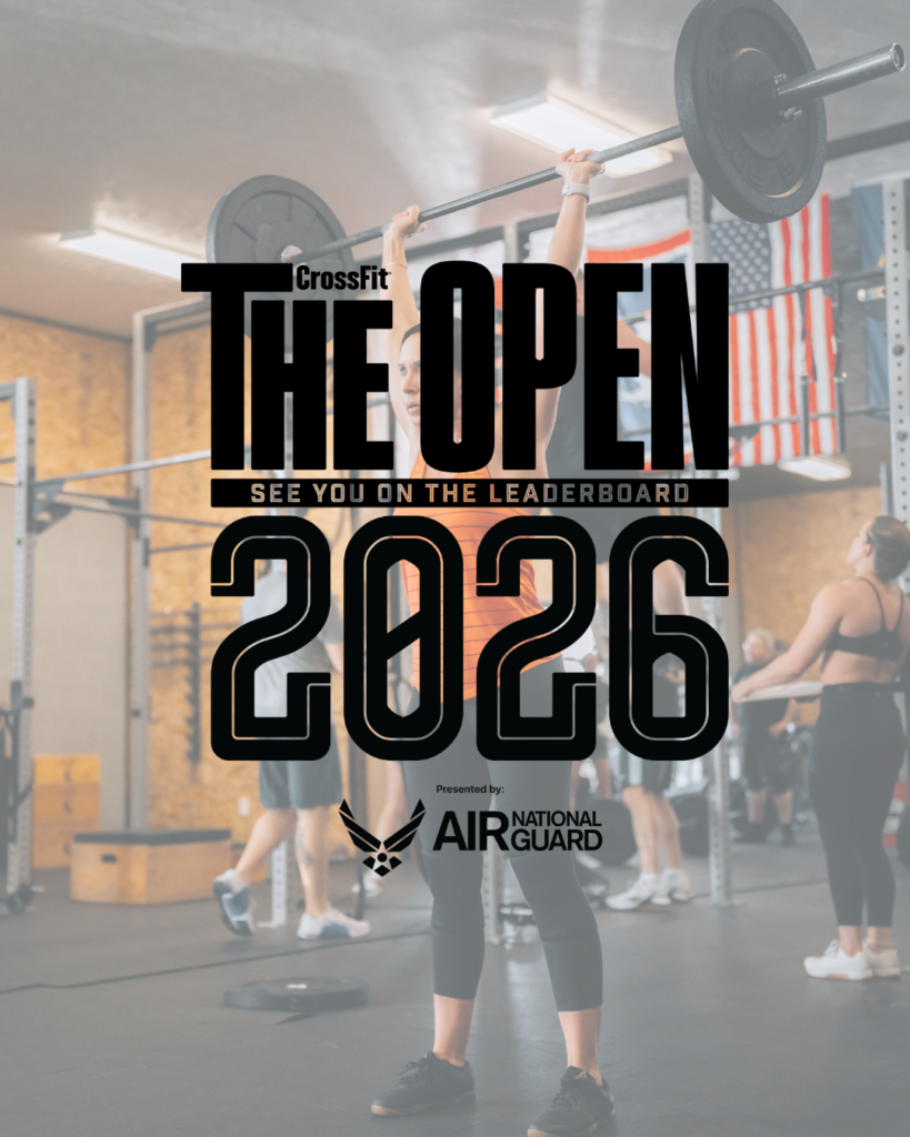 Gym competition poster reading “THE OPEN 2026” over athletes lifting weights