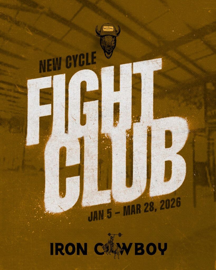 Gold poster reading “NEW CYCLE FIGHT CLUB” and “IRON COWBOY,” with dates Jan 5–Mar 28, 2026.