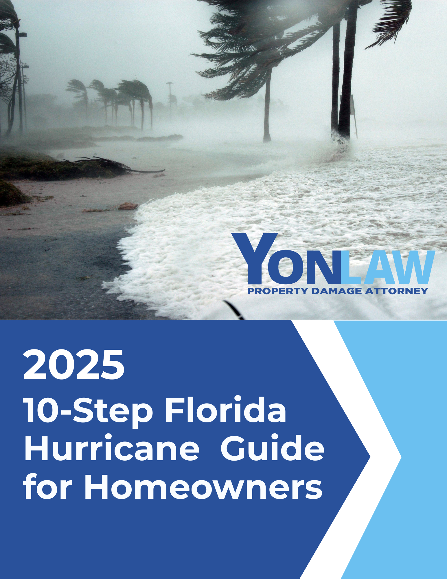 Hurricane guide cover: Stormy beach scene, Yon Law logo, title 