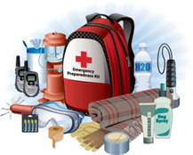 Emergency preparedness kit with backpack, supplies: flashlight, water, first aid, blanket, bug spray.