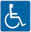 White wheelchair symbol on a blue background, indicating accessibility.