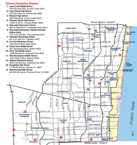 Map of Broward County, Florida, with general population shelters marked. Includes roads, city names, and shelter locations.