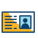 ID card with photo and text fields. Yellow and blue colors.
