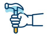 Hand holding a hammer, outlined in blue and yellow.