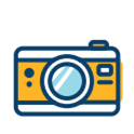 Yellow and blue outline illustration of a camera.