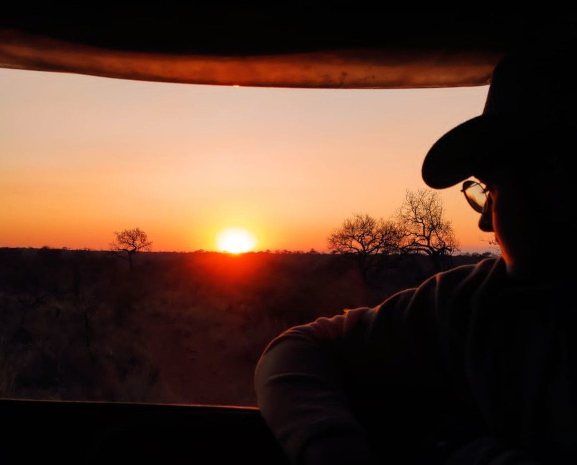 Silhouetted person in a hat watching a sunset through a vehicle window
