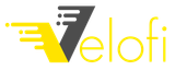 A yellow and gray logo for velofi , a company.