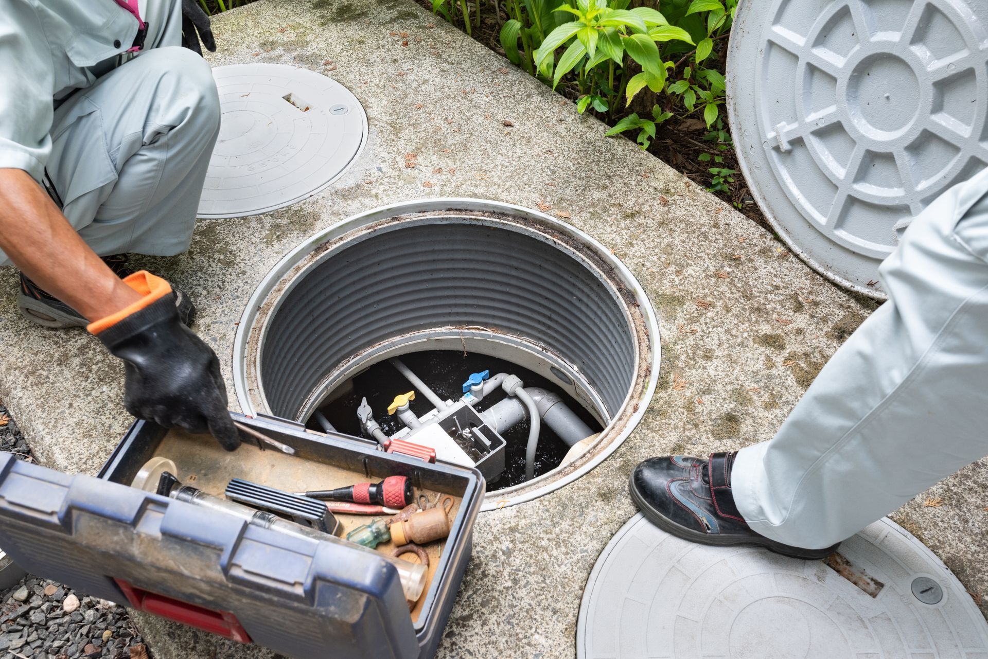 Two workers near an open concrete manhole, one holding a toolbox.