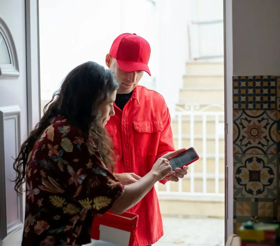 A courier in a red shirt and cap holds a phone for a person to sign for a delivery at a doorway.