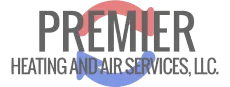 Logo for Premier Heating and Air Services, LLC, featuring gray text with a red and blue circular arrow symbol.