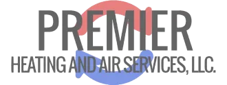 Logo for Premier Heating and Air Services, LLC, featuring gray text with a red and blue circular arrow symbol.