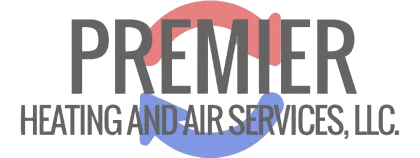 Logo for Premier Heating and Air Services, LLC, featuring gray text with a red and blue circular arrow symbol.