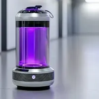 A silver, cylindrical air purifier with a glowing purple UV light inside, sitting on a smooth, modern floor.