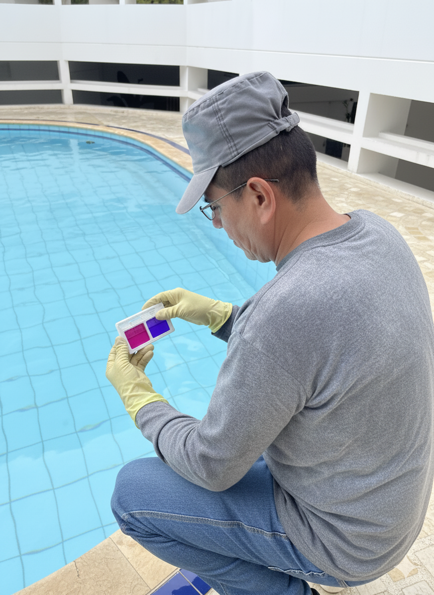 Una persona analiza el agua de la piscina con una tabla de colores.