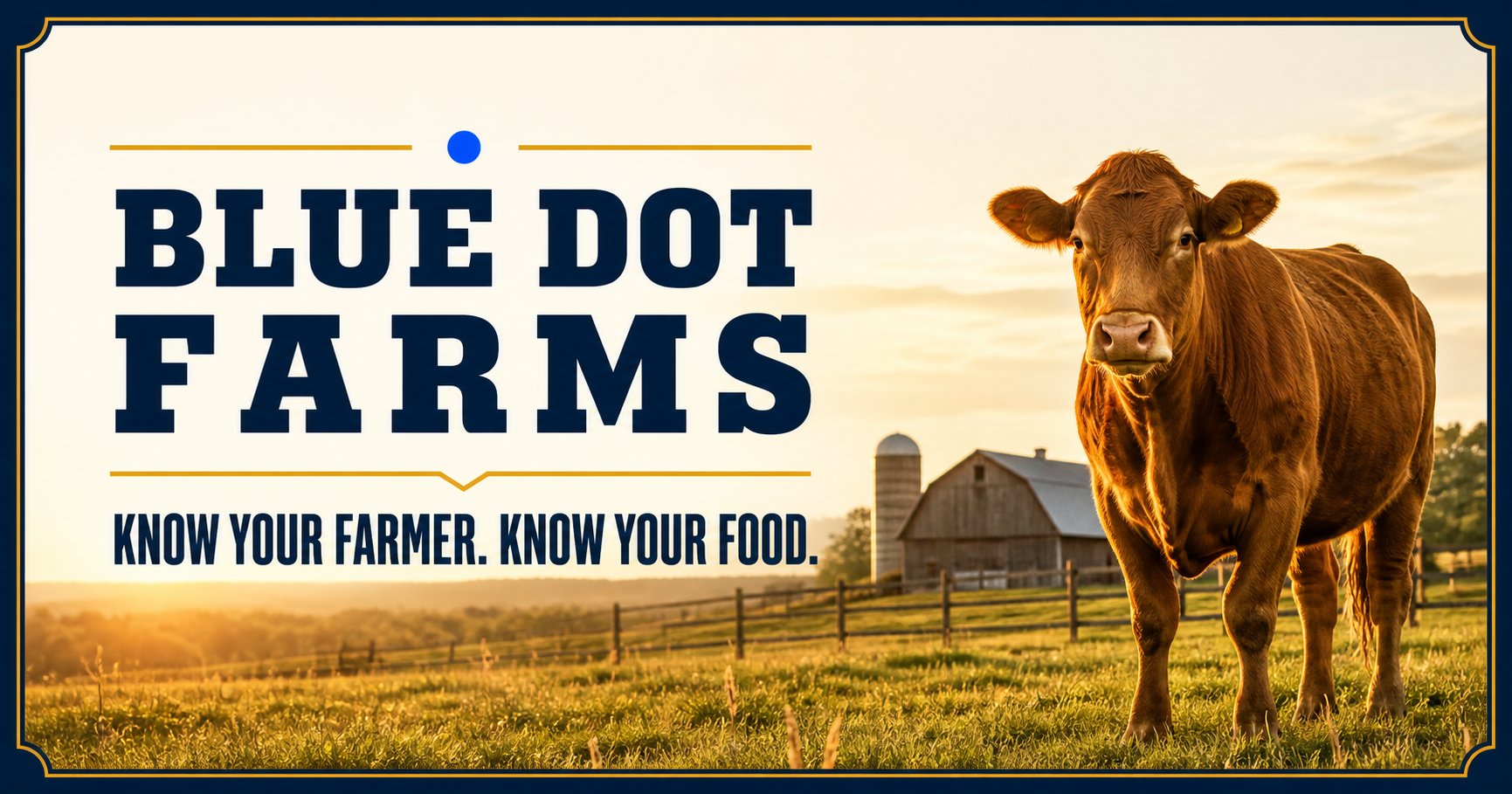 Blue Dot Farms logo with a brown cow in a golden field and barn at sunset, slogan: “Know your farmer. Know your food.”