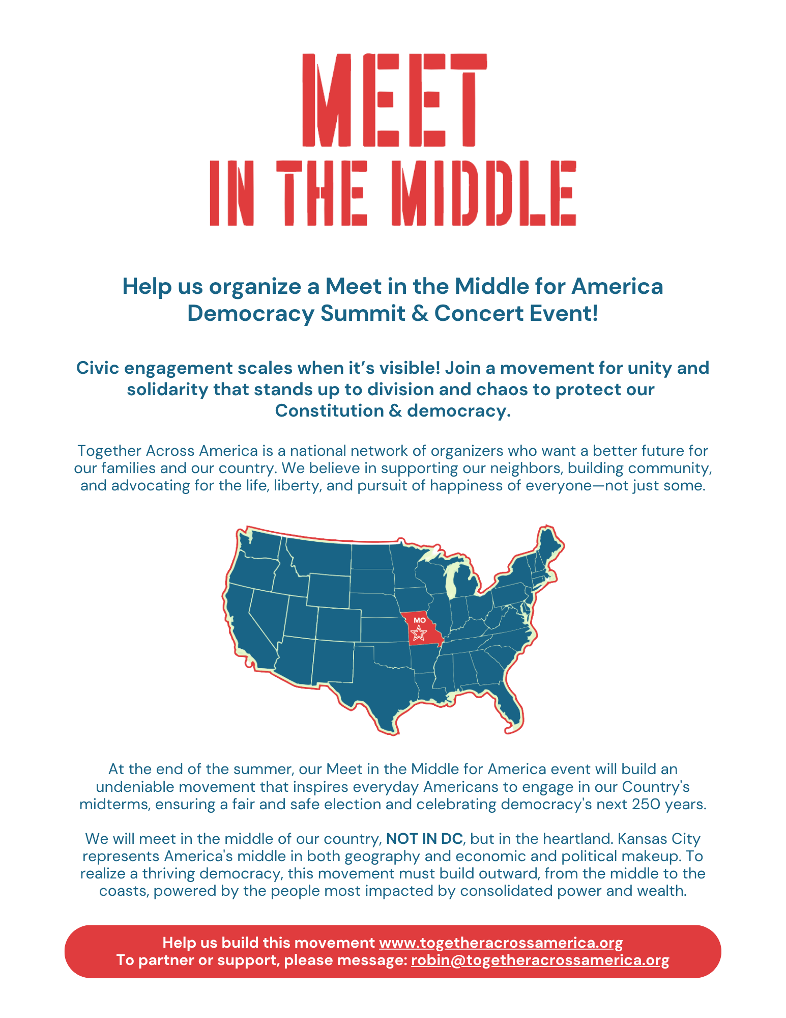 Red “MEET IN THE MIDDLE” political event flyer with U.S. map and event details.
