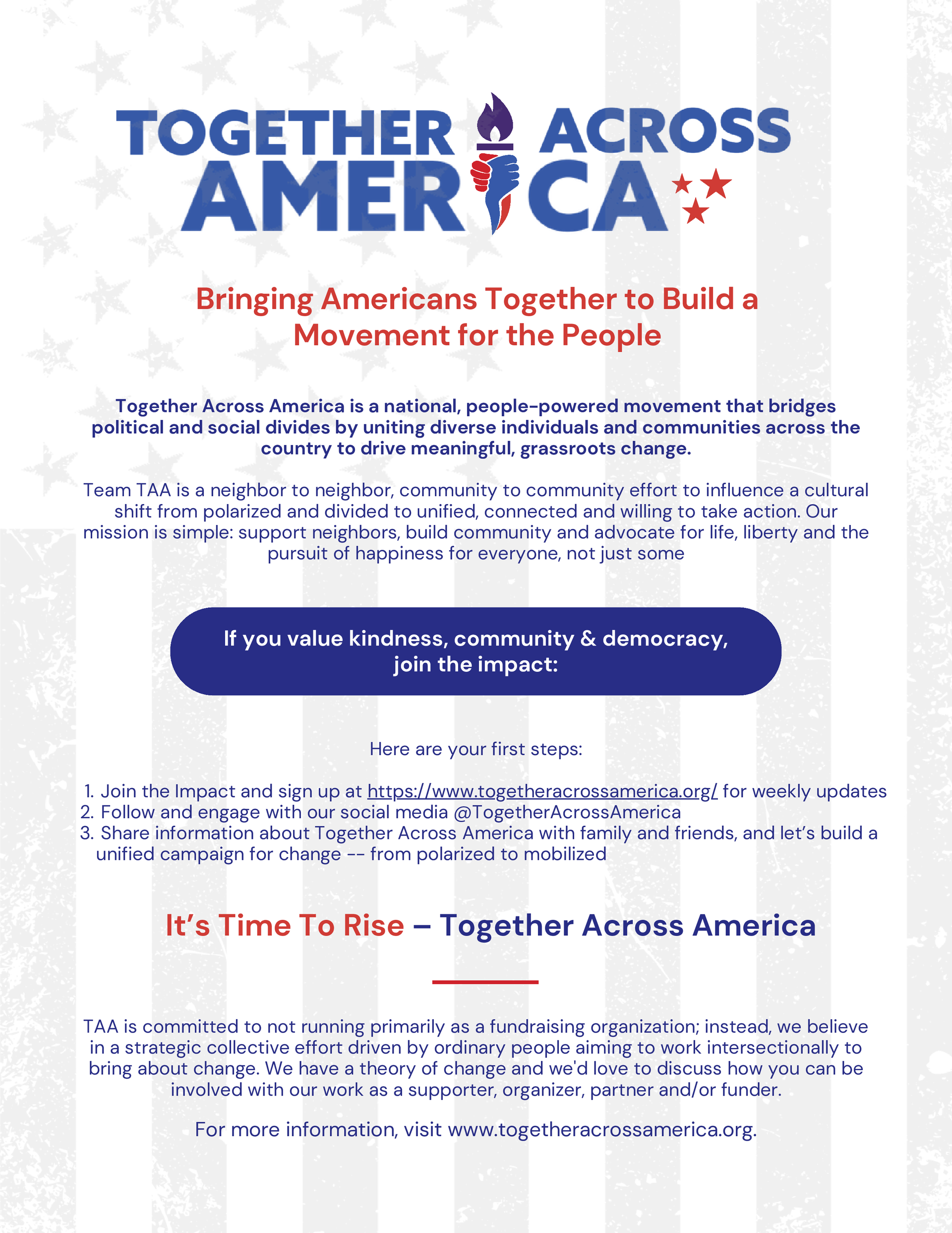 Together Across America event flyer with blue and red text on a white background