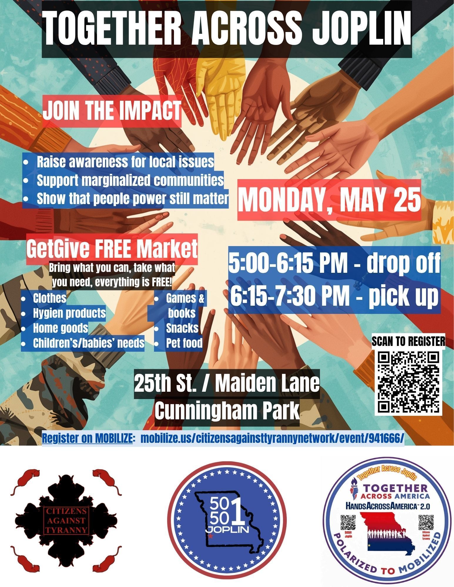 Together Across America event flyer with blue and red text on a white background