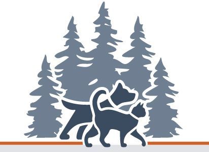 NWAH logo with dark blue trees and dog and cat in a forest scene