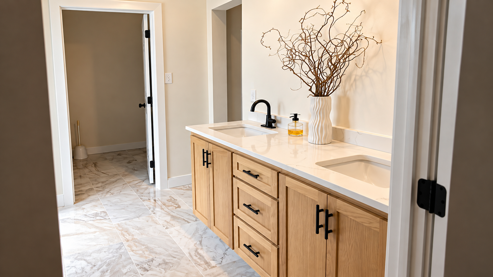 Bright bathroom with wooden vanity, white countertop, black faucet, and vase of dried branches.