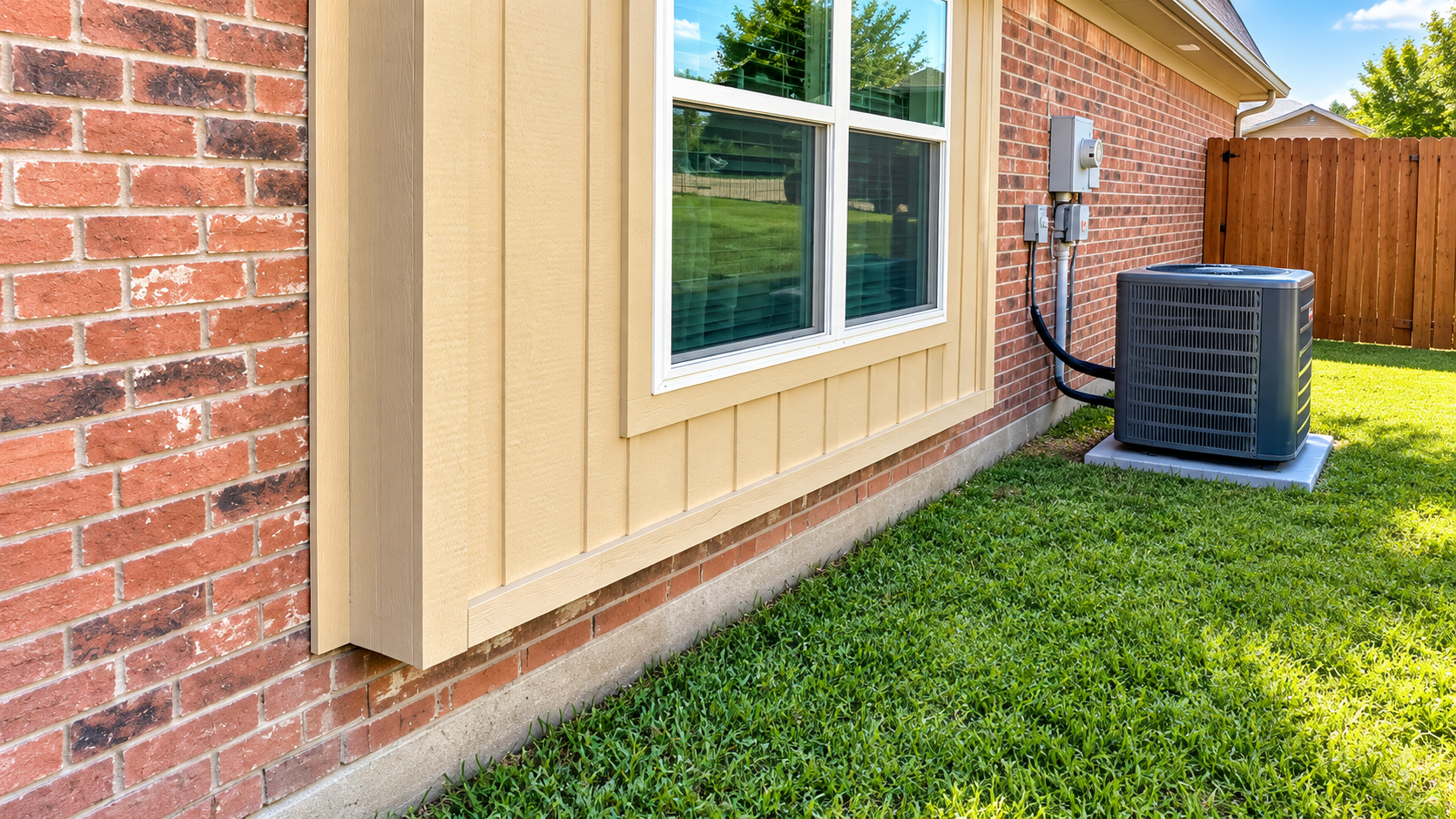 Side of a brick house with beige trim, window, lawn, and air conditioner unit beside a wooden fence.
