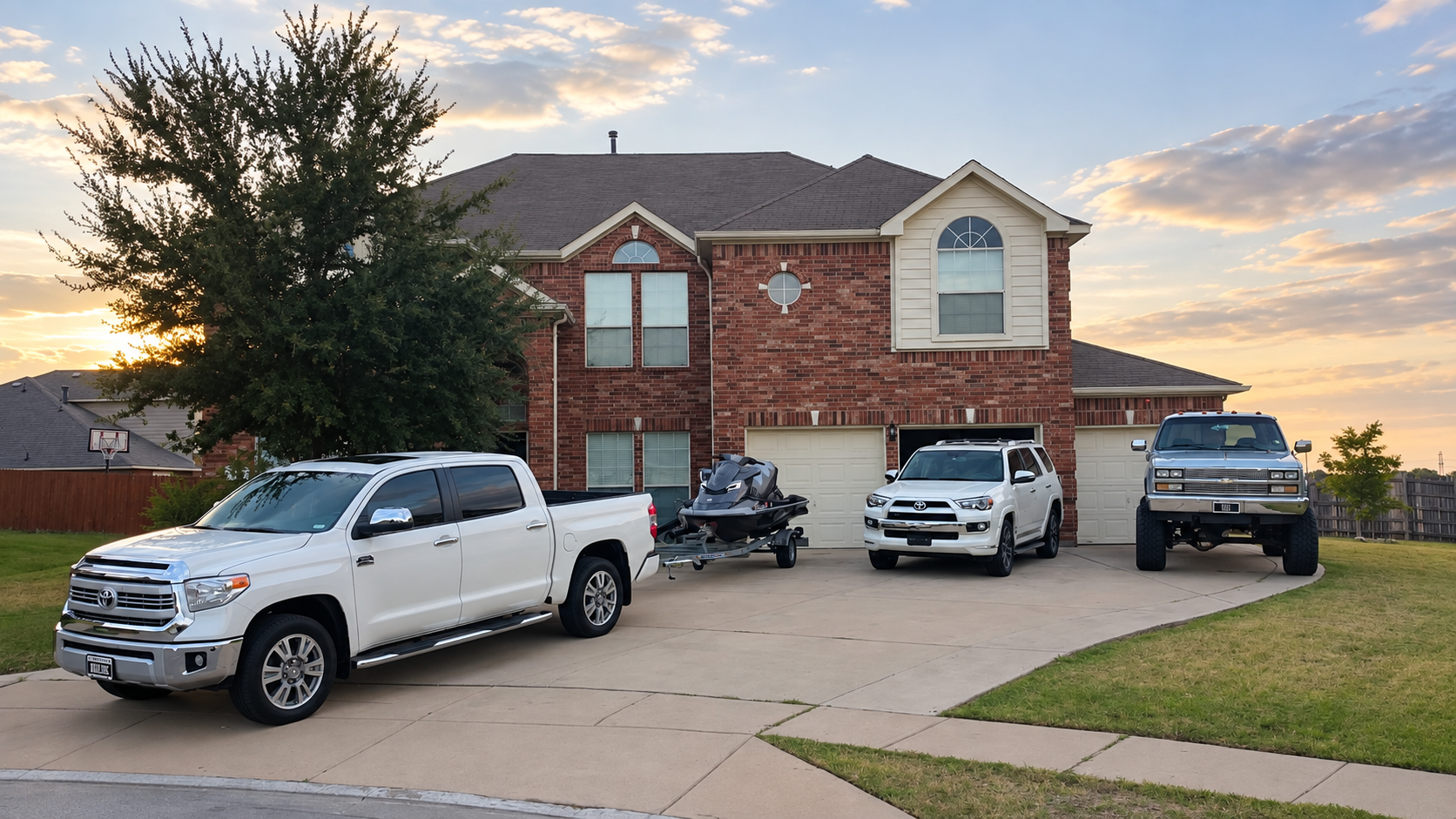Suburban two-story brick house with four parked pickup trucks in the driveway at sunset.