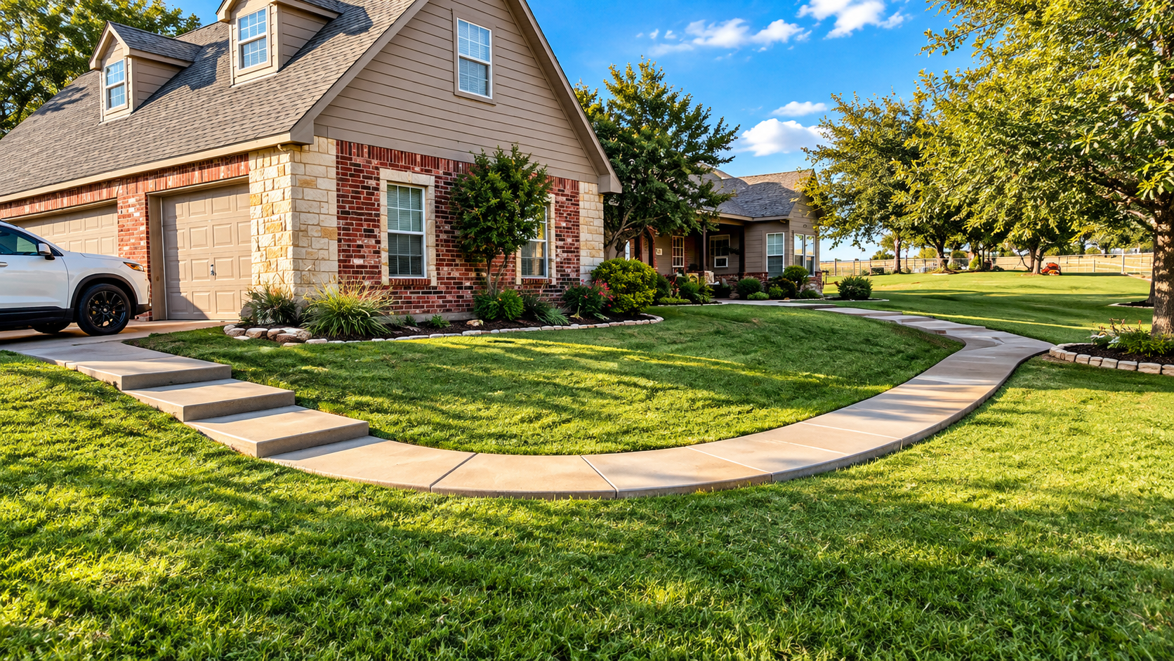 Suburban house with stone facade, green lawn, and curved walkway under a blue sky