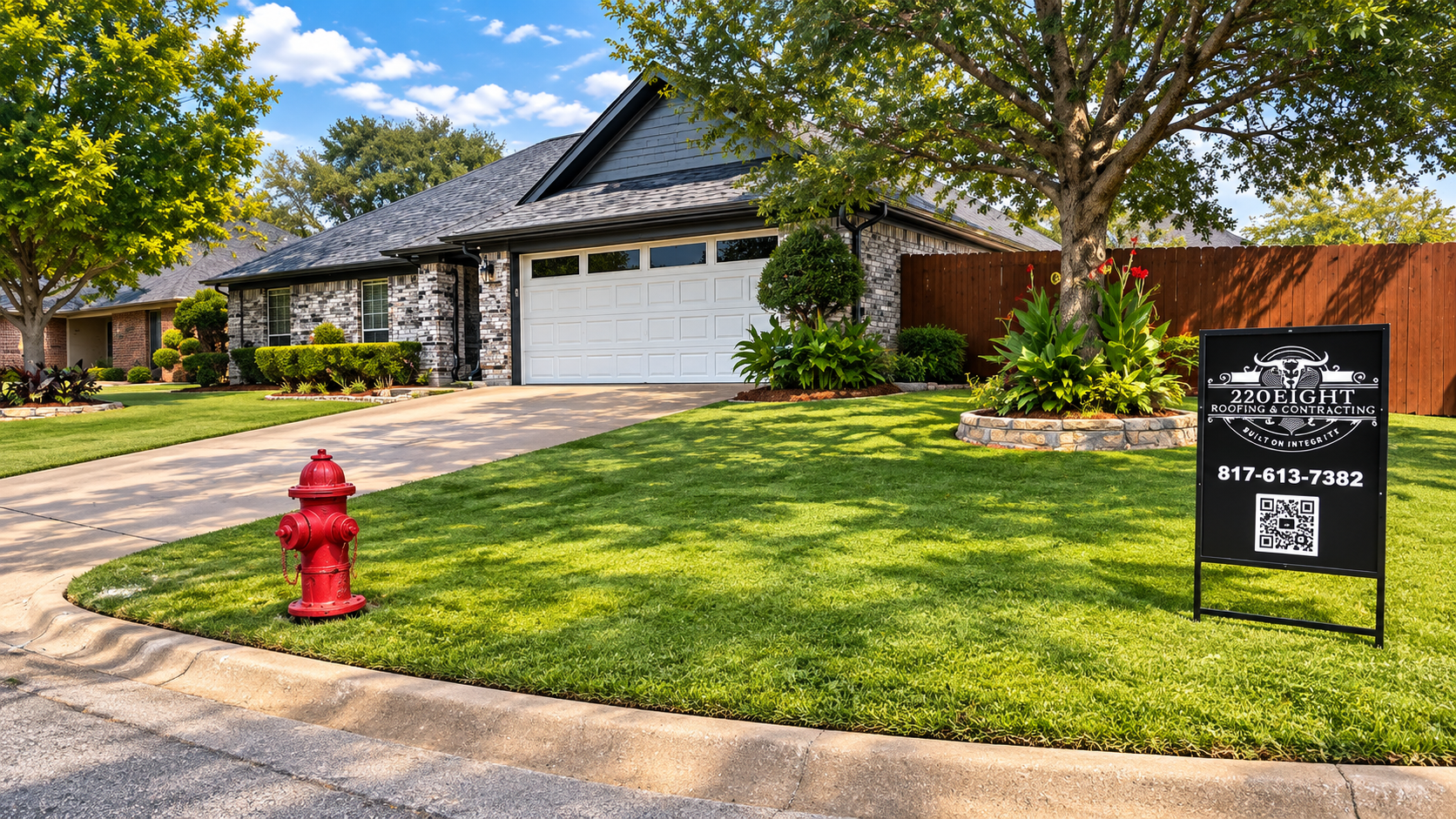 Suburban house with a two-car garage, green lawn, red fire hydrant, and a real estate sign in front