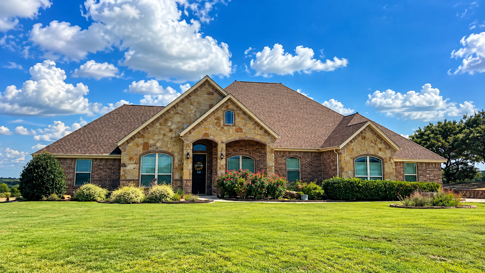 Stone suburban house with brown roof, blue windows, and a wide green lawn under a partly cloudy sky