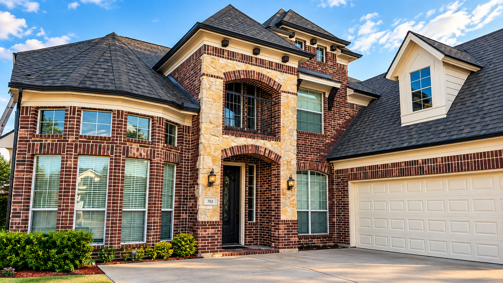 Large brick suburban house with a stone entry, dark roof, and white garage doors under a blue sky