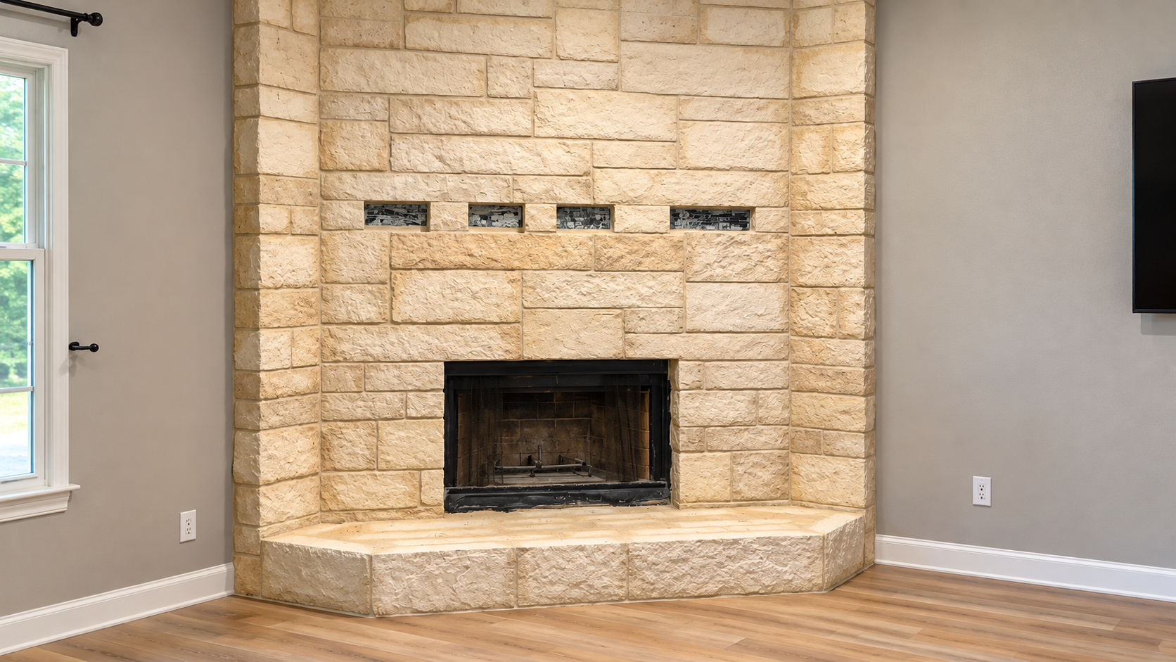 Stone fireplace with a raised hearth in a beige living room with wood flooring and a window