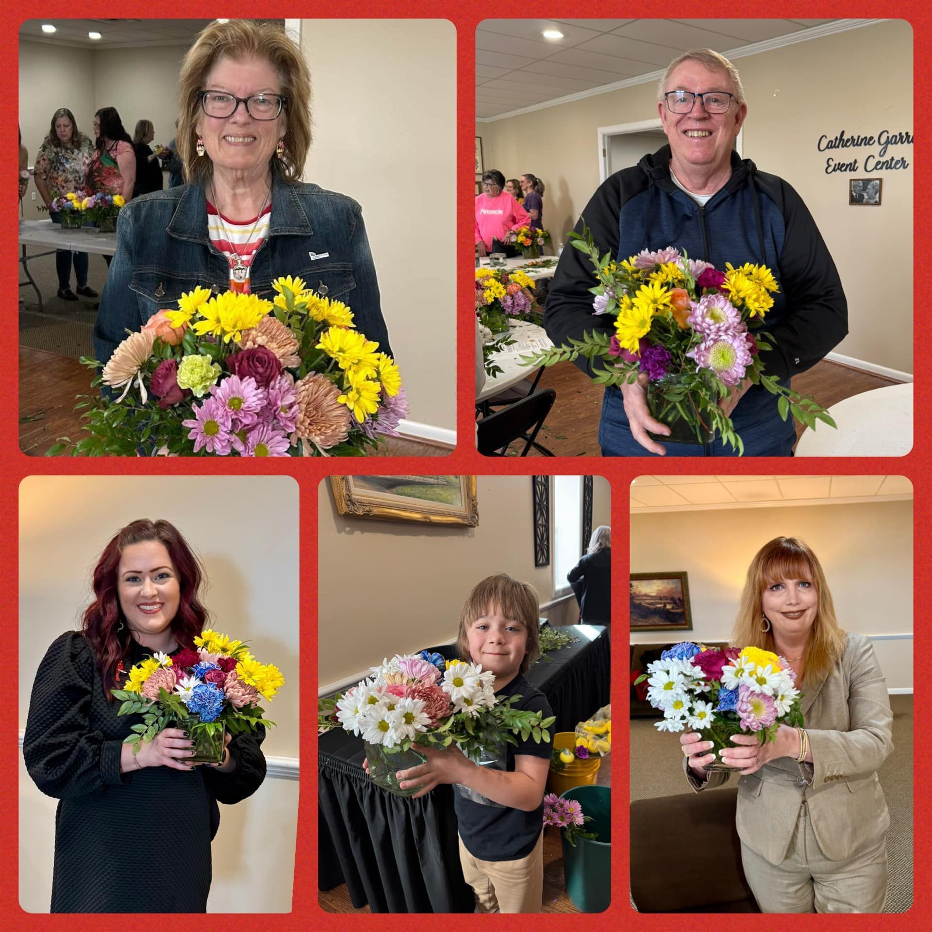 A collage of four pictures of people holding bouquets of flowers.