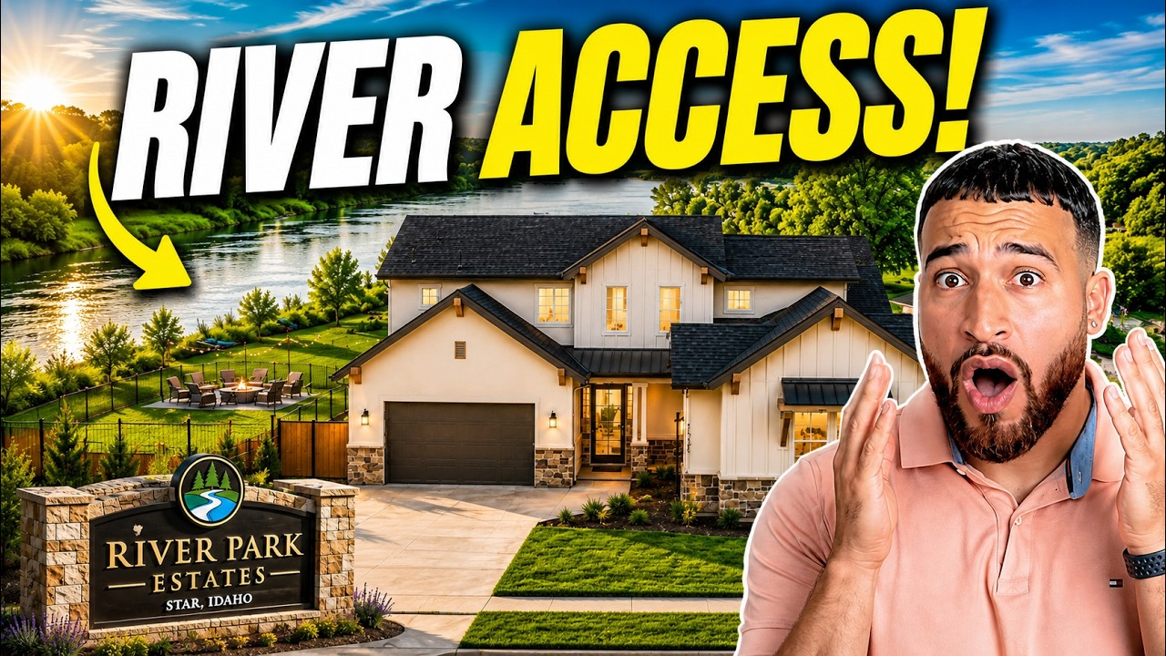 Luxury home by a river with bold “RIVER ACCESS!” text and a surprised man on the right.
