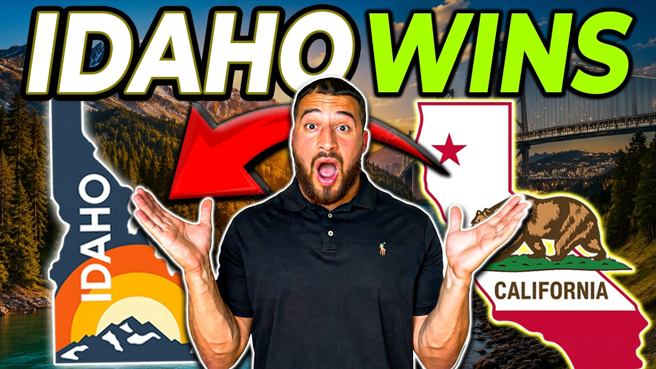 Man in black shirt in front of Idaho and California graphics with bold “IDAHO WINS” text and red arrow pointing left