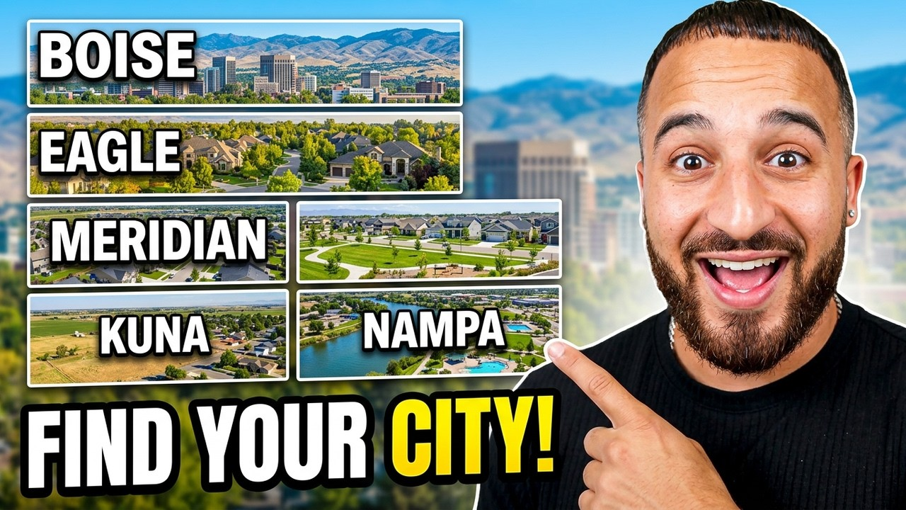 Collage of Boise, Eagle, Meridian, Kuna, and Nampa with a smiling man pointing and text “FIND YOUR CITY!”