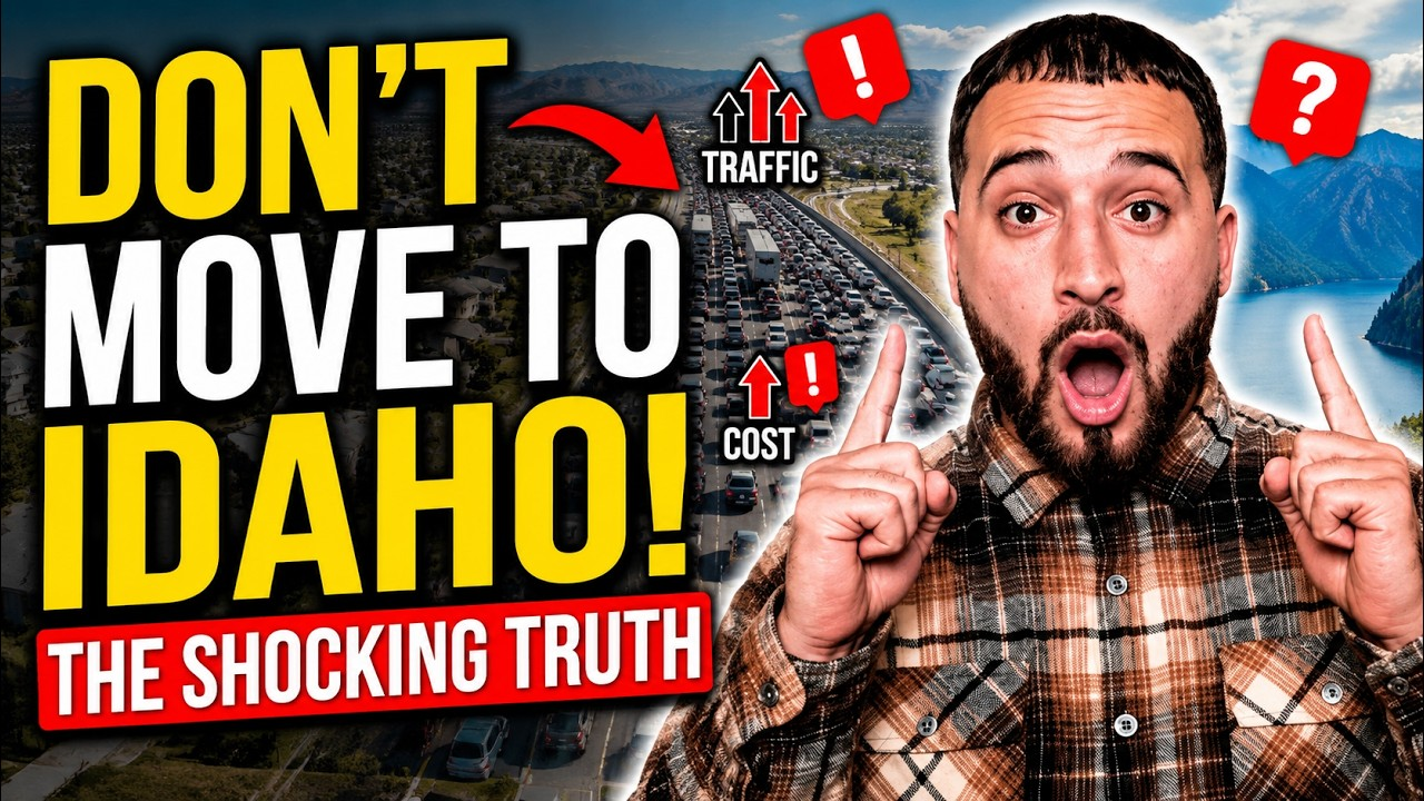 Bold thumbnail: man points beside “DON’T MOVE TO IDAHO!” text, with red warning icons and “THE SHOCKING TRUTH” banner
