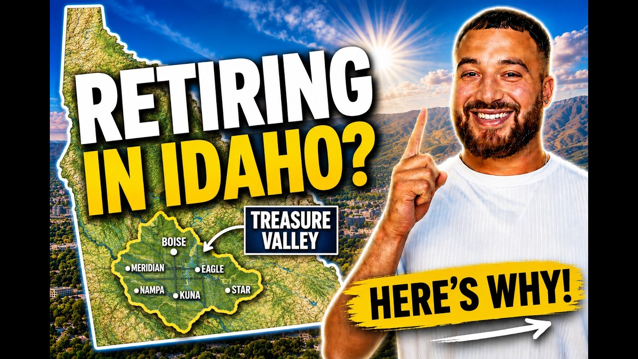 Thumbnail text “Retiring in Idaho?” with smiling man pointing at a map labeled Treasure Valley and “Here’s why!”